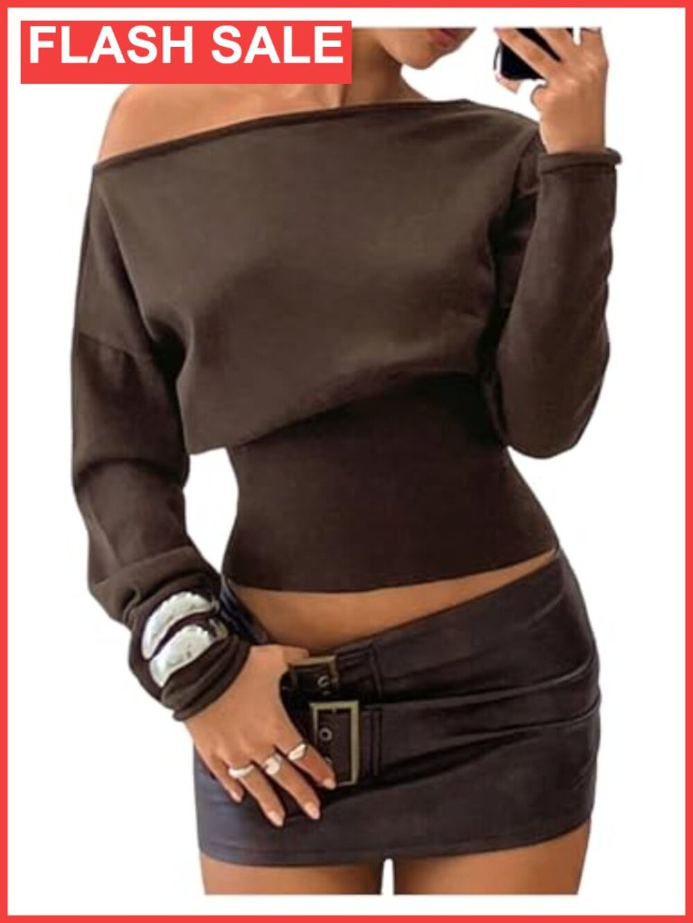 Off Shoulder Knitted Cropped Sweater Pullover Long Sleeve Slim Fit Fall